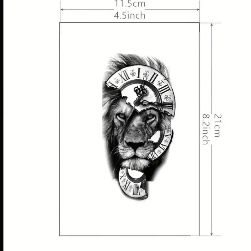 Tattoo Lion and Broken Clock Pattern Tattoo Sticker for Men and Women - Waterproof and Long Lasting Temporary Tattoo 1