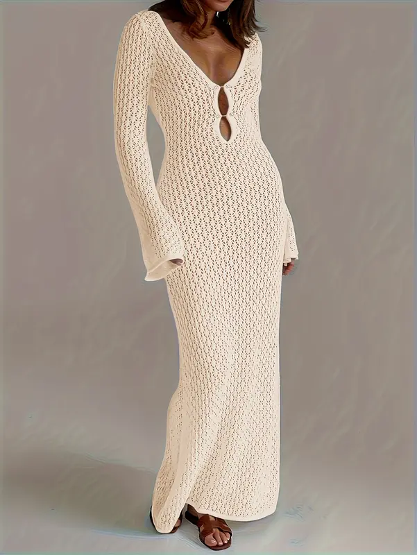 Summer new Women's solid color crochet long beach swimming holiday smock long sleeve sexy dress Casual Womenswear 1
