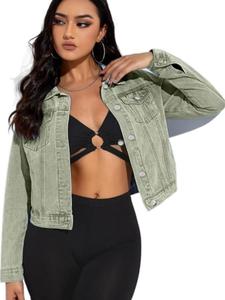 Women's Solid Button Front Pocket Denim Jacket, Casual Long Sleeve Collared Outerwear for Spring & Fall, Ladies Clothes for Daily Wear