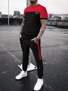 Men's Summer Clothes, Loose Thin Colorblock Letter Print Tee & Drawstring Pocket Pants Lounge Co-ord Set, Round Neck Short Sleeve Top & Elastic Waist Trousers for Casual Sport Wear, Mens Tracksuit, Please Purchase One Size Smaller