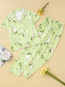 Women's 2pcs All Over Print Lapel Shirt & Elastic Waist Pants Pyjama Set, Casual Short Sleeve Button Front Top & Trousers PJ Set, Comfy Loungewear Set for Summer