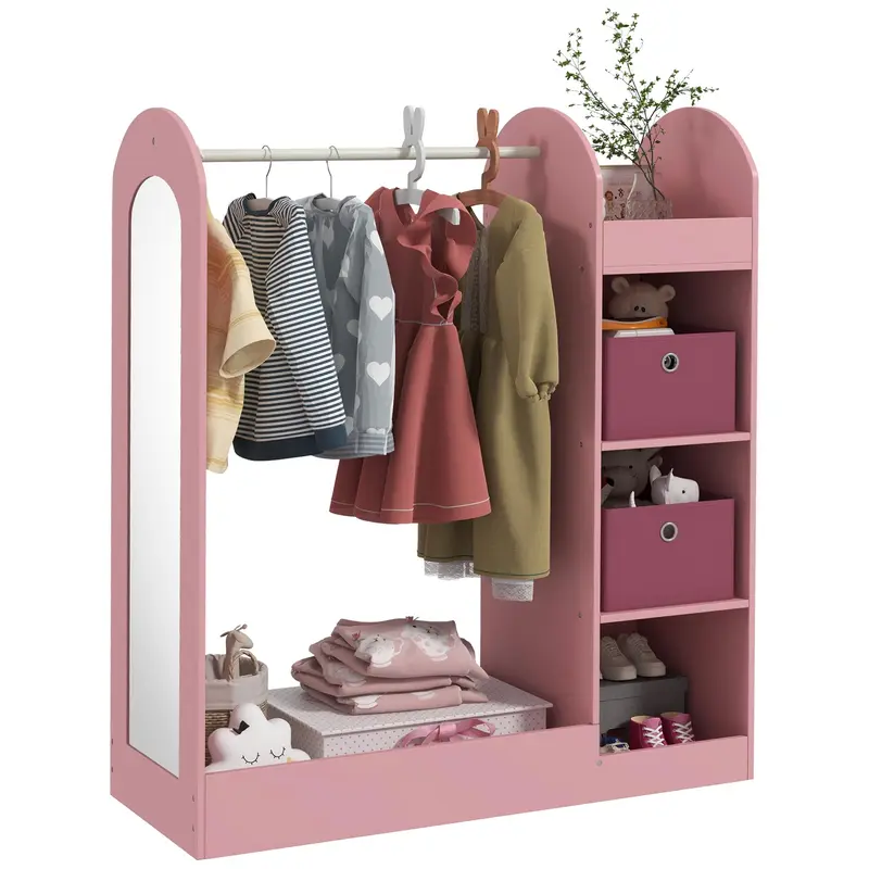 AIYAPLAY Kids Clothes Rail, Dress-Up Stand with Storage Shelf, Boxes & Mirror, Wardrobe for Bedroom, Nursery, Kids Room 6