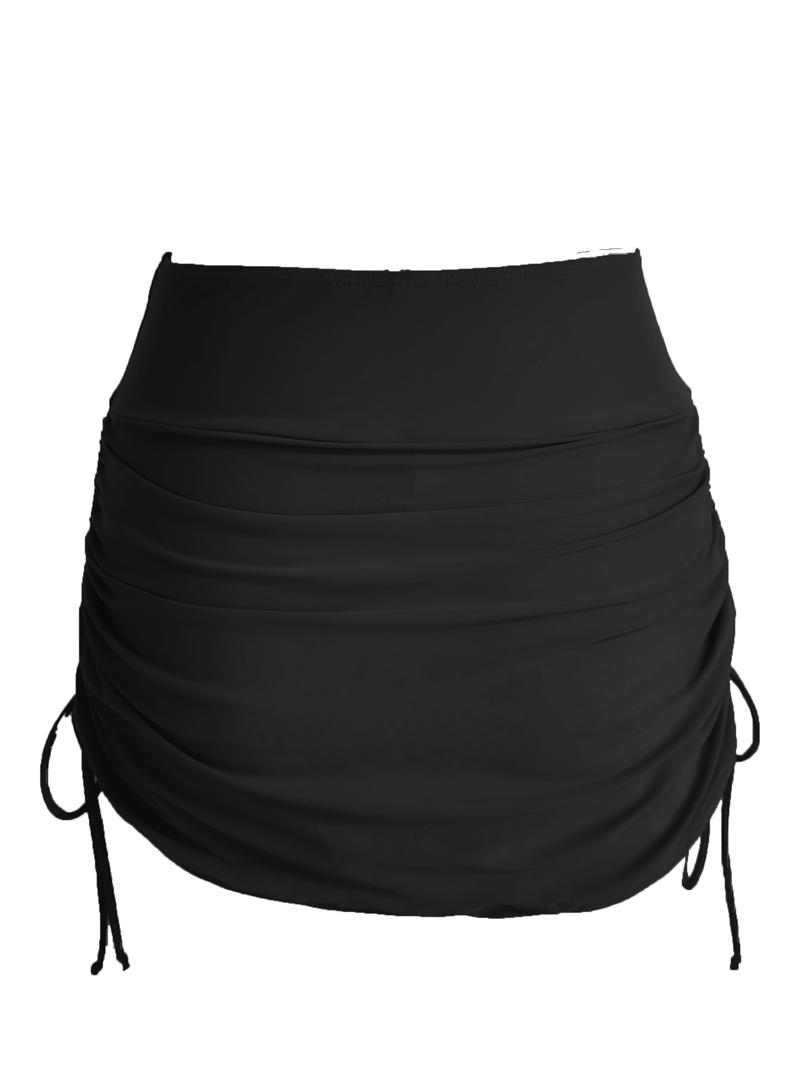 Product Introduction of High Stretch Drawstring Ruched Black Swim Skorts, Plain Women's Swimwear & Clothing 1