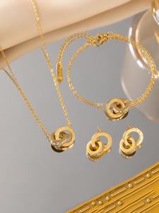 Roman Numerals Double Ring Inset Rhinestone Necklace Bracelet Earrings Combination Set, Light Luxury Clavicle Chain Fashion Jewelry Sets