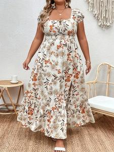 【Plus Size】 Floral Print Split Thigh Tie Front Dress, Casual Fitted Boho Chic Puff Sleeve Square Neck A Line Dress for Summer, Women's Clothes for Beach Holiday Vacation, Bohemian Womenswear, Casual Fashion Dress