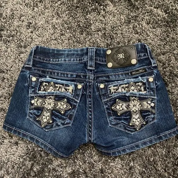 Y2K Mini Shorts Womens Harajuku Vintage Cross Graphic Pockets Embroidery Low Waist Shorts Gothic Sexy Hot Girl Hip Denim Shorts Womenswear Bottom