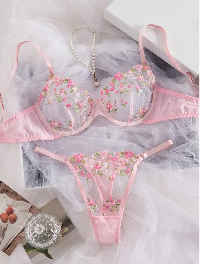 Sexy Floral Embroidery Mesh See-Through Bra & Panty Set With Underwire For Women