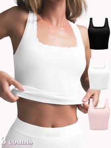 Women's Solid Contrast Lace Shapewear Top, Casual Comfy Breathable Seamless Ribbed Shaper, Tummy Control Shapewear for Daily Wear, Clothing