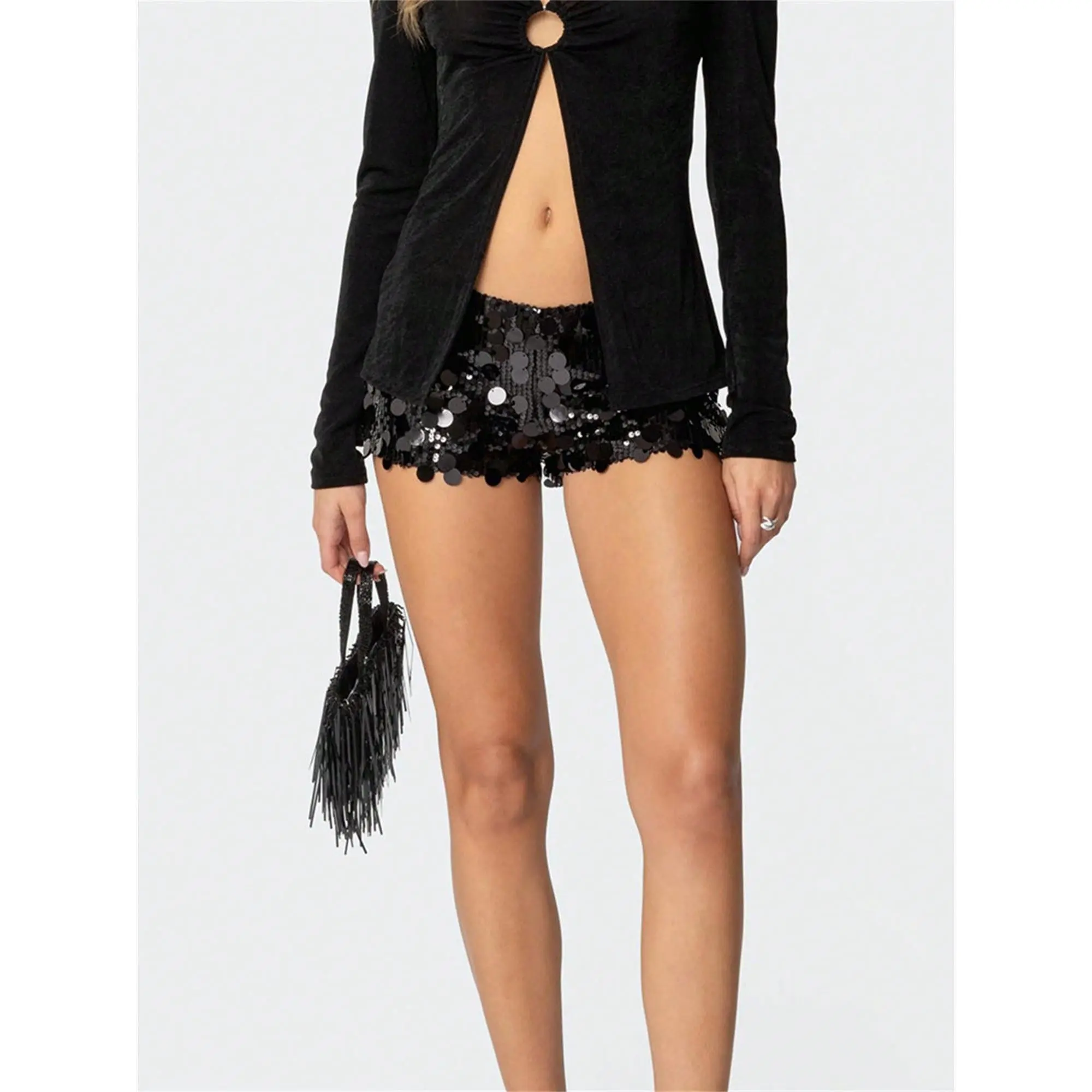 Women Summer Hot Shorts Casual Shiny Sequin Elastic Waist Short Pants For Vacation Beach Club Streetwear