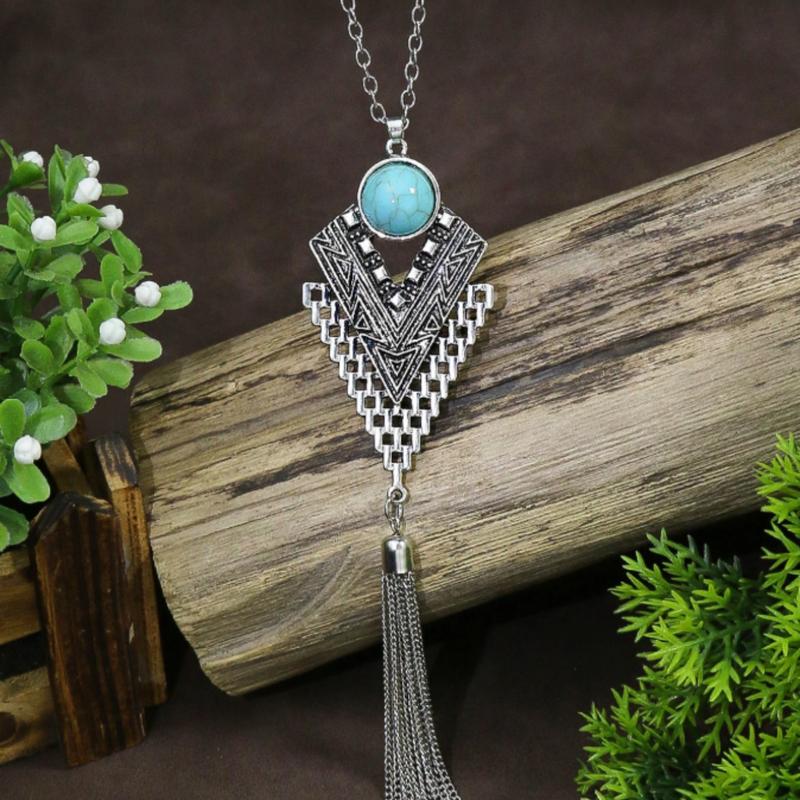 Turquoise Decor Geometric & Metal Tassel Charm Necklace 1