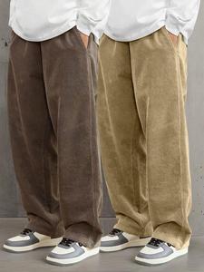 Men's Solid Color Side Pocket Design Corduroy Pants, Loose-Fitting Casual Comfy Drawstring Waist Straight Leg Trousers for Fall & Winter, Men's All-Match Draped Pants for Daily Wear