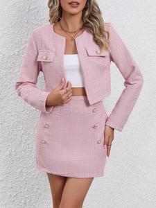 Women's Solid Fake Buttons Crop Blazer Jacket & A-Line Skirt Set Without Cami Top, Elegant Fashion Casual Outfits for Office Work, Women Clothing
