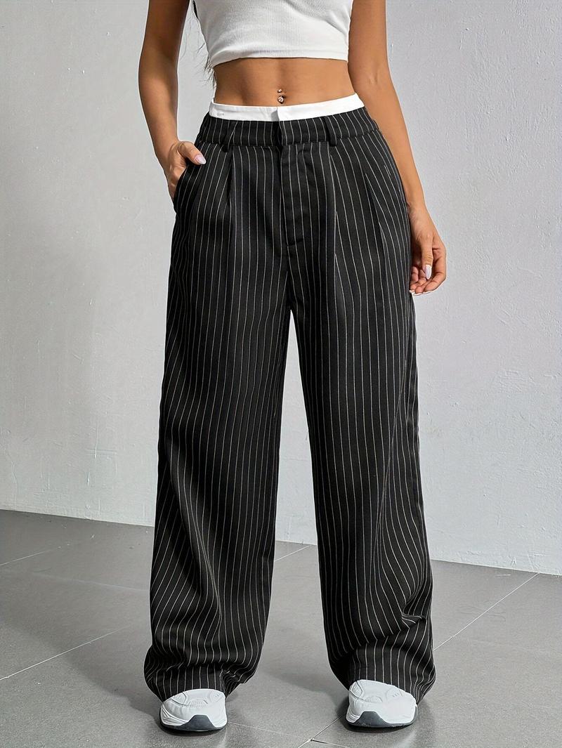 Product Introduction of Women's High-Waist Striped Wide-Leg Blazer Pants - Navy Blue & White Vertical Stripes, Polyester, Casual Style, Machine Washable, Spring/Summer/Fall Wear, Versatile Legwear | Wideleg Design | Glossy Texture, Wide Leg Pants 7