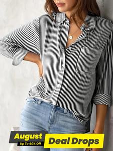 Women's Striped Print Button Front Shirt, Casual Longsleeves Pocket Collared Top for Daily Wear, Going Out Tops, Ladies Clothes for All Seasons, Tops for Women, Womenswear, Classy Tops, Button Up Shirt, Casual Fashion Shirt, Blouse