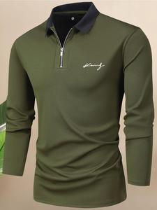 Men's Letter Print Half Zip Up Polo Shirt, Casual Regular Fit Long Sleeve Zip Front Collar Top for All Seasons, Men's Top for Outdoor Business Work Wear