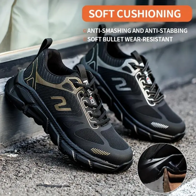 Men's Breathable Steel Toe Lace Up Work Sneakers, Anti Smashing Steel Toe Safety Shoes Puncture Proof Work Shoes, Breathable And Comfortable Men's Work Shoes 6