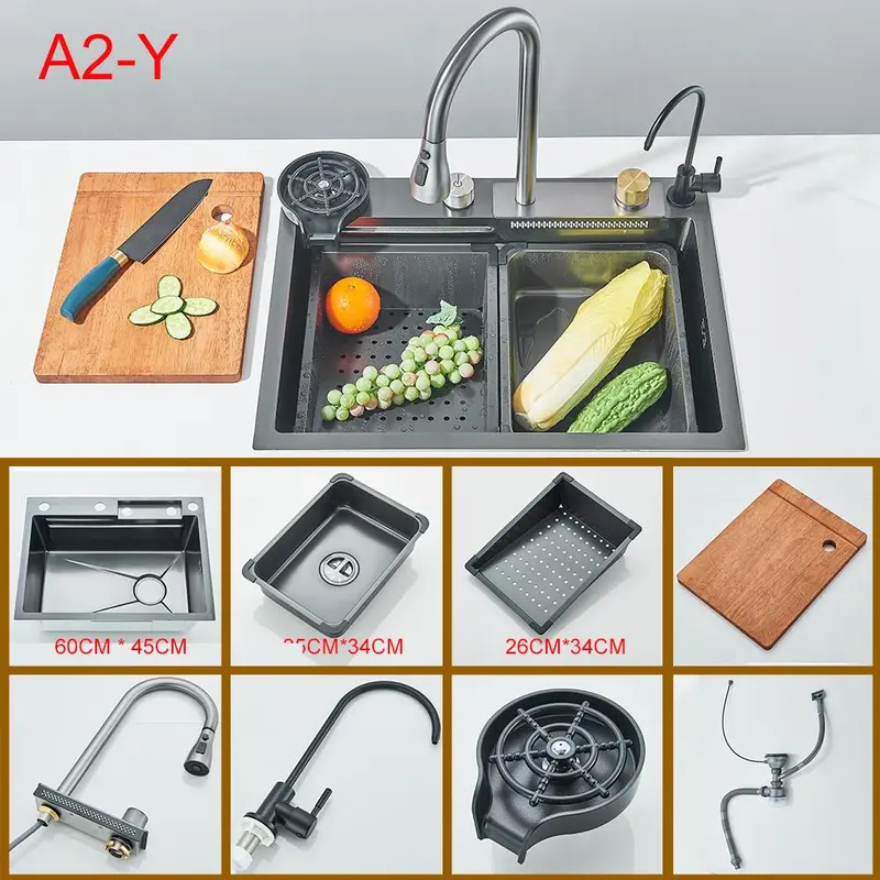 304 Stainless Steel Waterfall Kitchen Sink Large Single Slot with Chopping Board Cup Washer 7