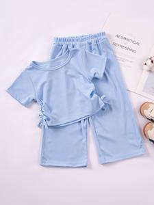 Toddler Girls' Fashion Short Sleeve Top & Nine-Tenth Pants Set, Knit Elastic Round Neck Waist Drawstring, Valentine's Day Gift, Summer Casual Cute Style, Casual Outfit Set, 3-8 Years