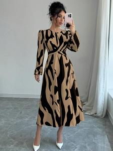 Women's All Over Print Belted A Line Dress, Elegant Bishop Sleeve Zipper Back Long Dress for Spring & Fall, Women's Clothing for Daily Wear, Chic Womenswear