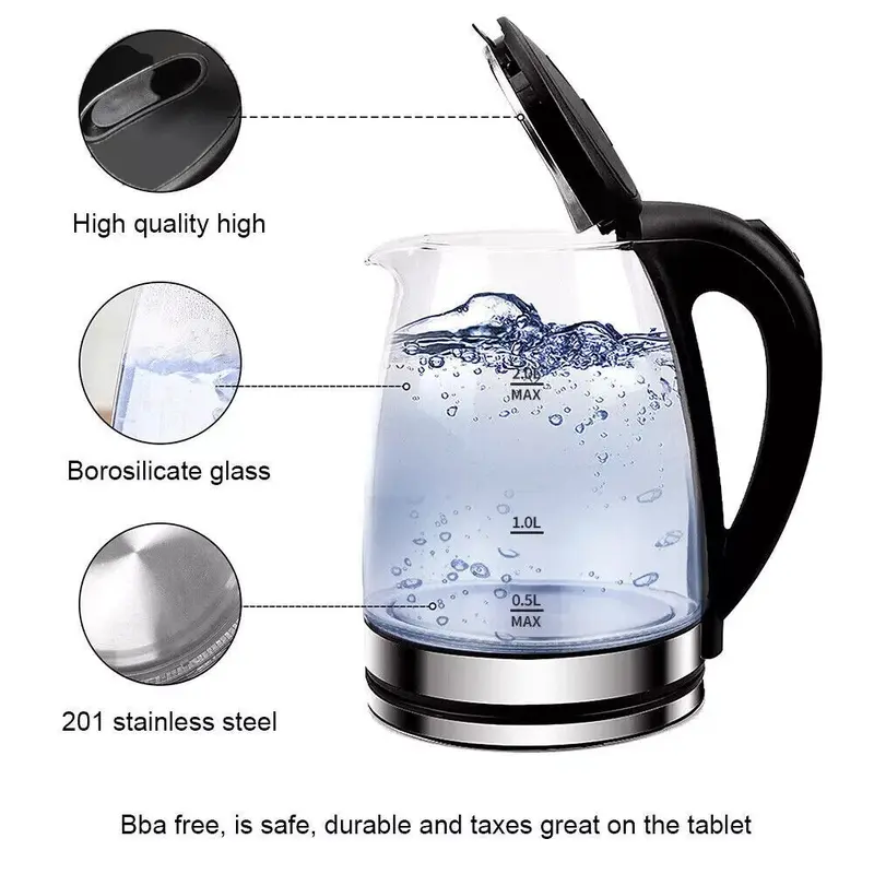 2L Electric Kettle Glass Fast Boil 360° Blue LED Illuminated Portable Jug 1800W 6