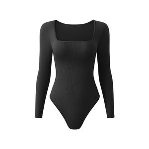 OQQ Women's Bodysuits Sexy Ribbed One Piece Square Neck Long Sleeve Bodysuits  Soft Womenswear