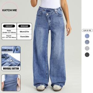 Katch Me Look Women's Street Chic High Waist Multi-Pocket Baggy Denim Wide Leg Jeans, Versatile Streetwear Outfits, Asymmetric Waist Denim Trousers
