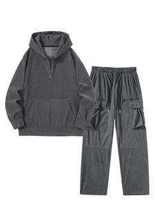 Men's Solid Pocket Half Zip Hoodie & Drawstring Waist Pants Set, Casual Fashion Cozy Breathable Outfits for Daily Outdoor Wear, Men Clothes for Fall & Winter