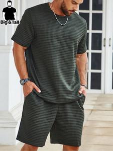【plus Size】two-piece Set Men's Solid Waffle Knit Short Sleeve Tee & Pocket Shorts Set, Regular Fit Casual Oversized Shortsleeve Round Neck T-shirt & Track Shorts, Men's Summer Clothes, Menswear, Matching Shorts Set, Formal Wear