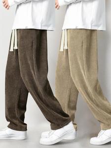 Men's Solid Drawstring Waist Corduroy Pants, Casual Comfy Straight Leg Trousers for Fall & Winter, Men's Bottoms for Daily Wear