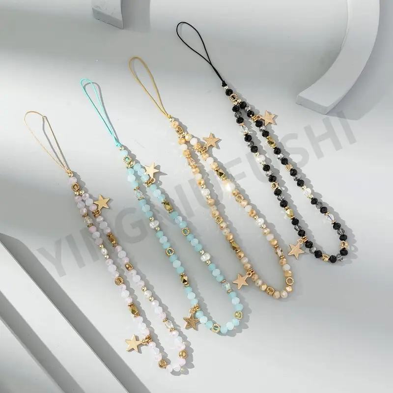 Anti-Lost Bead Phone Lanyard Wrist Strap,Trendy Crystal Bead Mobile Phone Chain Five-Pointed Star Phone Charm Strap Cellphone Hanging Cord Telephone Chain Keychain for Women Girls 1