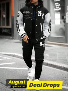 Two-Piece Set Men's Colorblock Letter Print Button Front Jacket & Drawstring Waist Sweatpants, Regular Fit Casual Longsleeves Outerwear & Pocket Jogger Pants for Daily Wear, Men's Outfits for Fall & Winter