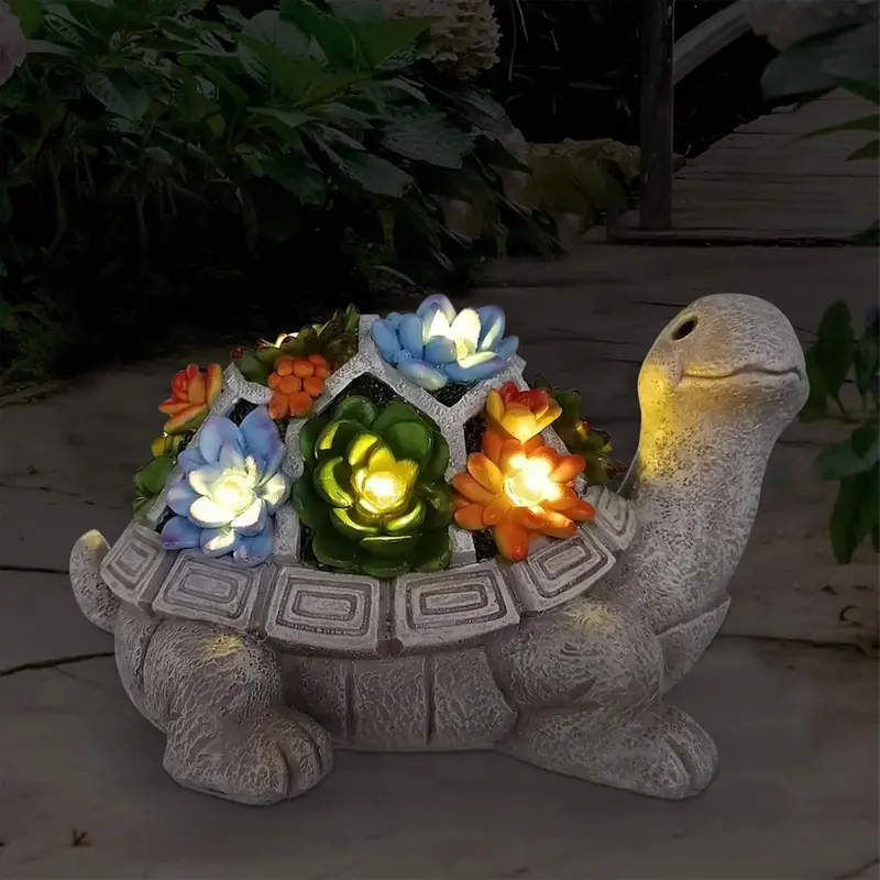 Solar-Powered Turtle Garden Ornaments with LED Lights & Succulent Accents - Outdoor Decor for Patio, Balcony, Yard - Birthday Gifts for Women, Mum, Unique Tortoise Statue Housewarming Ideas 0