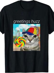 Men's Regular Fit Letter & Cat Print Round Neck Graphic Tee, Casual Short Sleeve T-shirt for Summer, Men's Top for Daily Wear