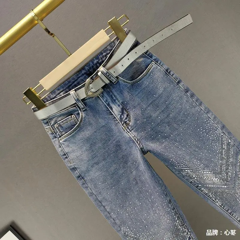 European Station Heavy Industry Rhinestone Skinny Jeans for Women  Spring New Casual High Waist Slimming Cropped Pants ae  jeans  holes 3