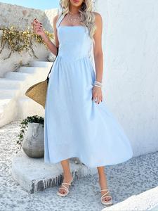 Women's Solid Backless Halter Dress, Fashion Casual Sleeveless Long Dress for Daily Outdoor Wear, Women Dress for Summer