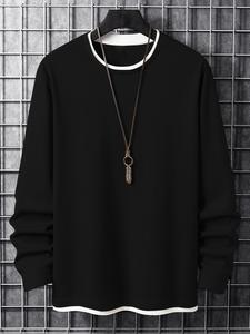 Men's Plain 2 IN 1 Contrast Binding Round Neck Long Sleeve Tee, Casual Regular Fit Basic Crew Neck T-shirt for Fall & Winter, Men's Clothes for Daily Wear, Men Tops