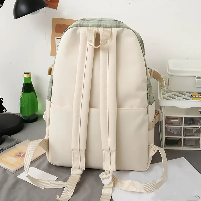 5pcs New Fashionable Plaid Cloth Contrast Color Large Capacity Campus Backpack Five-piece Set with Bear Pendant 2