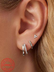 S925 Sterling Silver Glittering Earrings Set, Elegant Stud & Hoop Earrings for Women for Party, Daily Decor, Trendy All-match & Exquisite Jewelry for Birthday Gift