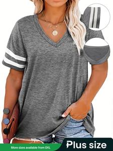 Plus Size Contrast Striped Print V Neck Tee, Casual Short Sleeve T-shirt for Summer, Women's Plus Clothing for Daily Wear, Cute Tops, Streetwear