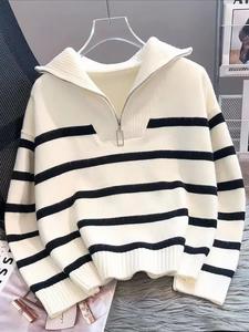 Women's Striped Print Zipper Drop Shoulder Sweater, Casual Long Sleeve Collared Jumper for Daily Outdoor Wear, Women Knitwear Top for Fall & Winter, National Day Clothing
