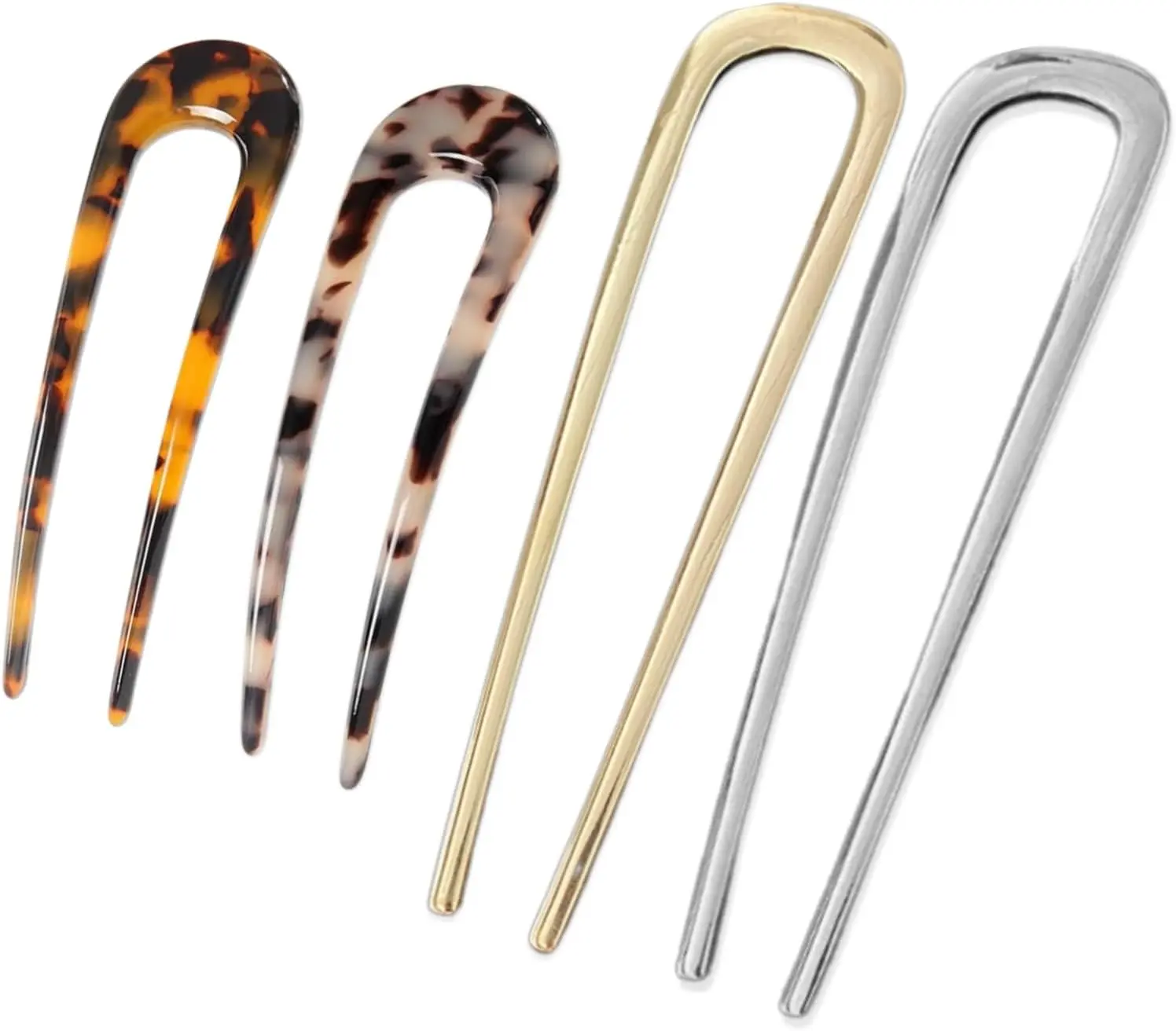 4 PCS French Hair Pins U-Shaped Hair Pins Delicate French Twist Pins for Variety Occasions Gold and Silver Hair Clips Dark and Light Tortoiseshell Clips for Women and Girls (Metal and Acetate)