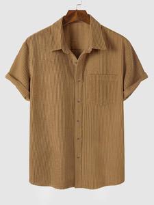 Men's Solid Color Pocket Button Front Corduroy Shirt, Regular Fit Casual Short Sleeve Collar Shirt for Spring & Fall, Menswear for Daily Wear