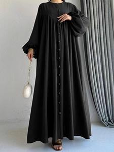 Women's Solid Color Button Decor Long Sleeve Robe, Modest Comfort Basic Islamic Clothing, Ladies Muslim Clothes for Daily Wear