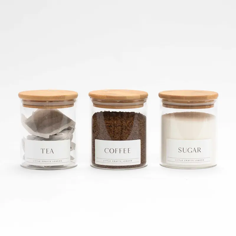 Set of 3 Glass Jars with Bamboo Lid - Tea, Coffee and Sugar (Slim label) 450 ML 1