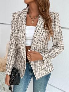 Women's Plaid Print Double Button Flap Detail Lapel Blazer, Casual Long Sleeve Outerwear for Fall & Winter, Ladies Clothes for Work Office Business