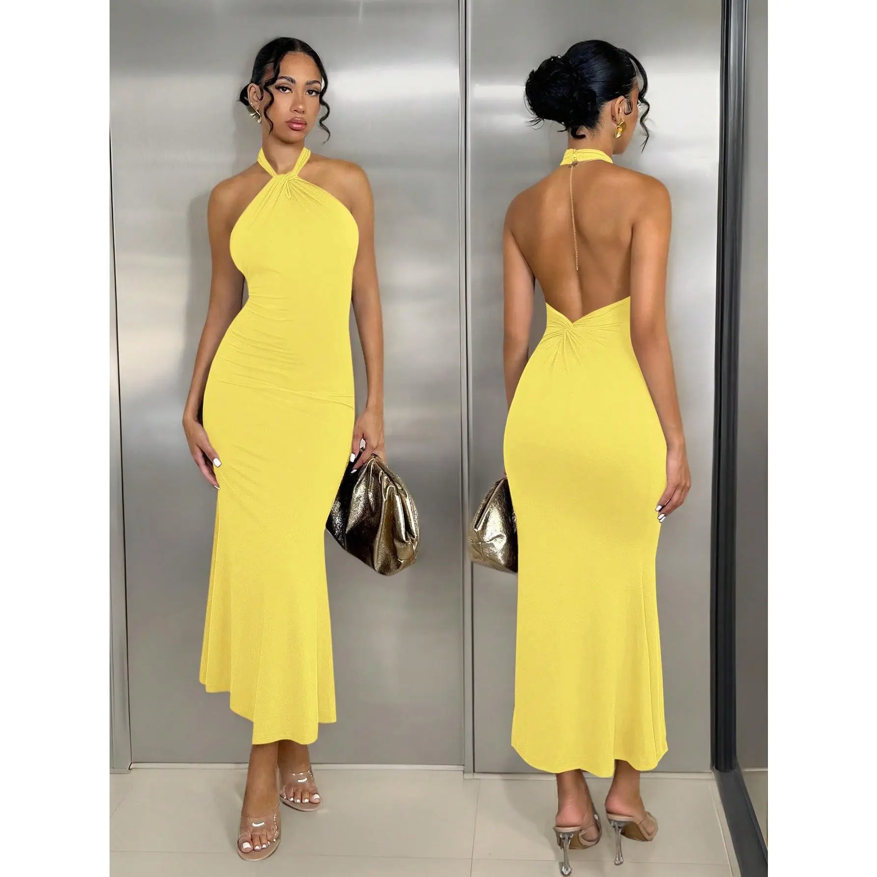 PETITE Women's Elegant Minimalist Solid Color Halter Backless Twist Bodycon Long Dress, Suitable For Everyday Wear Formal Womenswear Comfort Workwear Basic Sexy Yellow