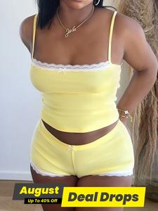 Two-Piece Set Women's Contrast Lace Bow Decor Cami Top & Shorts, Casual Comfy Spaghetti Strap Camisole & Shorts Set, Ladies Summer Clothes, Womenswear