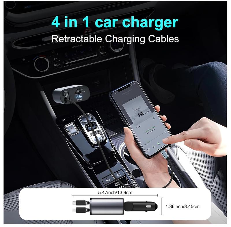 AHDXKUE Retractable Car Charger Adapter, 4 In 1 Car Charger with Retractable Cables and Voltage Display, Car Phone Charger with USB/USB-C Ports, Cigarette Lighter USB Charger for 12V / 24V Vehicles 1