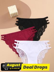 Women's Plain Contrast Lace Cut Out Knicker, Intimate Products, Soft Comfy Casual Fit Breathable Panty for Daily Wear, Underwear for All Seasons, Womenswear, Fitted Soft Stylish Brief, Lace Trim Knickers, Breathable Underpants, Sheer Lace Panty