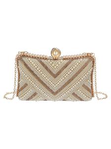 Faux Pearl Decorated Evening Bag, Elegant Chevron Pattern Clutch Bag for Party, Trendy Exquisite Bling Bag for Birthday Gift